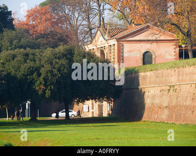 La città toscana di Lucca è circondato da enormi mattone muri delle città che sono 30m di larghezza e che dispongono di alberi che crescono in cima Italia Foto Stock