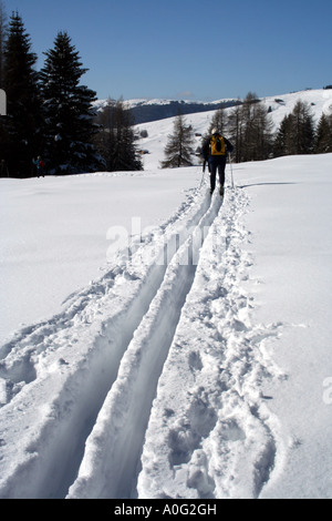 Cross country sciatore sull Alpe di Siusi Seiseralm altopiano delle Dolomiti italiane, Sud Tirolo, Alto Adige Foto Stock