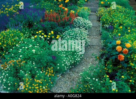 Percorso nel giardino di fiori di arancio viola e fiori gialli, Missouri USA Foto Stock