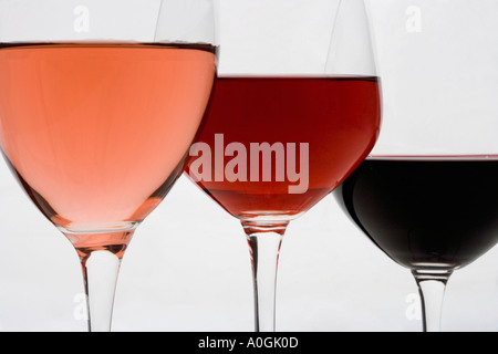 Primo piano dei diversi vini Foto Stock