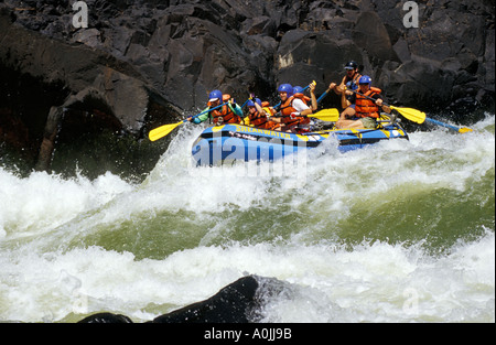 AFRICA Zambia Zimbabwe Victoria Falls Gruppo Rafting Kayak attraverso Whtewater rapide del fiume Zambesi Foto Stock