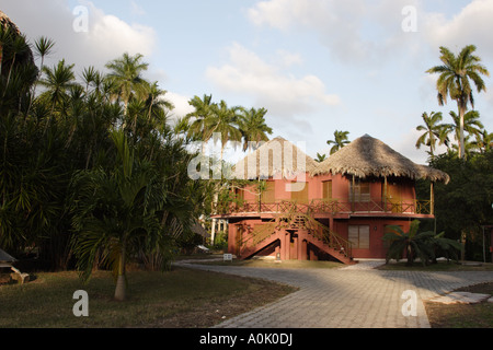 Camere presso La Granjita Santa Clara Cuba sono in due piani di cabine con tetto in paglia Foto Stock