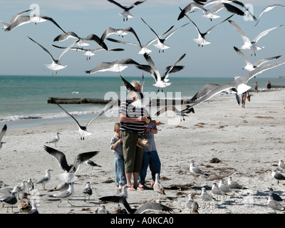 Nonna e alimentazione per bambini Gabbiani su Napoli spiaggia della Florida Foto Stock