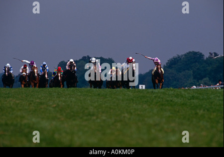 Il traguardo di una gara a Epsom race course in Inghilterra Foto Stock