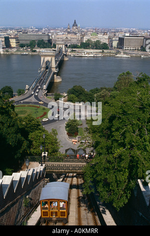 Una Funicolare funivia nello spostamento verso l'alto Varhegy o la Collina del Castello a Budapest Ungheria, Ponte Elisabetta in background Foto Stock