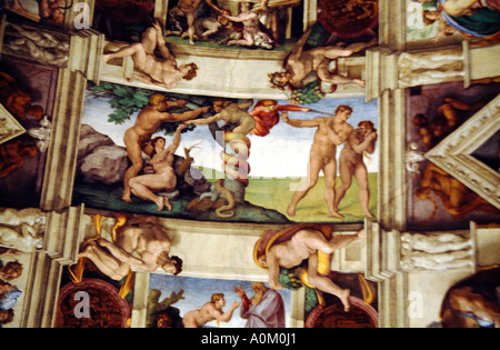 Roma Italia Adam & Eve affresco soffitto della Cappella Sistina - La caduta dell uomo & cacciata da Eden Foto Stock