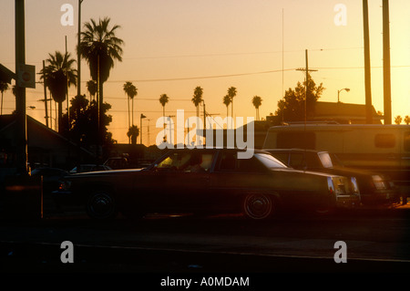 Classic American auto parcheggiata con silhouette di alberi di palma contro il tramonto, Los Angeles, California, Stati Uniti d'America Foto Stock