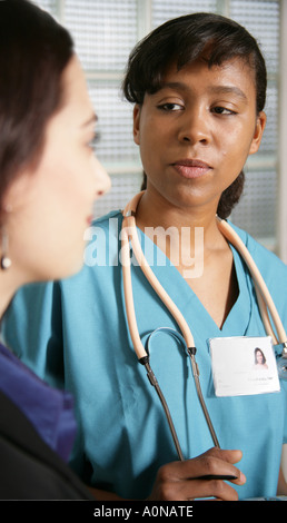 Medico o infermiere in scrubs ascolta paziente femmina. O, Pharma sales rep parlando al medico o infermiere. Foto Stock