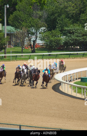 I cavalli da corsa arrotondamento terzo giro durante la gara a Churchill Downs Foto Stock