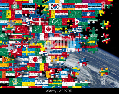 Flag in un puzzle pattern quasi oscurando la vista satellitare di terra Foto Stock