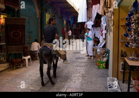 Asino in David Street mercato turistico antica città murata Gerusalemme Israele Medio Oriente Foto Stock