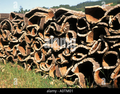 Corteccia di sughero come materiale grezzo dopo la rimozione da querce da sughero impilati all'aperto in Portogallo Foto Stock