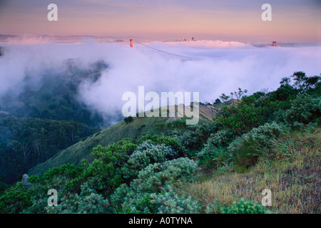 Golden Gate National Recreation Area che mostra la nebbia che copre il Golden Gate Bridge con lo skyline di San Francisco Foto Stock