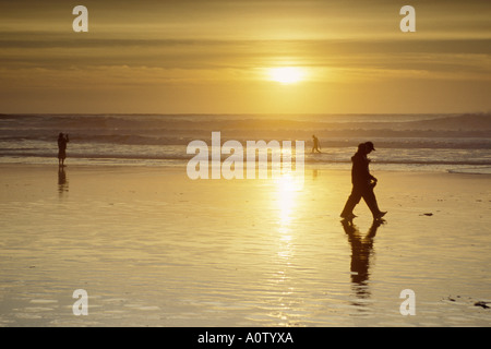 Cittadini e turisti a piedi lungo la spiaggia della città di San Francisco lungo la costa del Pacifico in California al tramonto Foto Stock