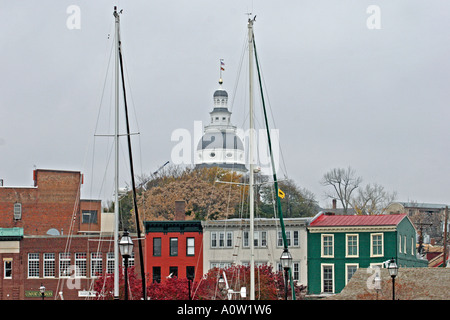 Downtown Annapolis, porto e lo State Capitol Building Foto Stock