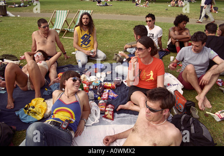 Regno Unito, Inghilterra, Londra. Un gruppo di giovani amici picnic e prendere il sole in Hyde Park Foto Stock