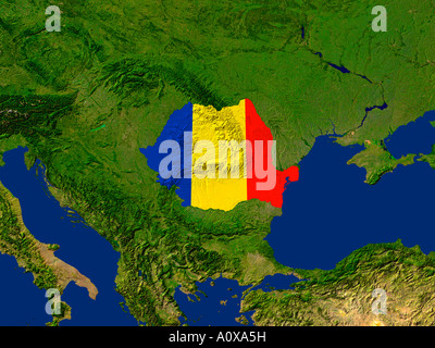 Immagine satellitare della Romania coperti da tale paese di bandiera Foto Stock
