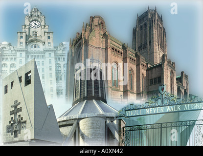 Chiesa anglicana di Liverpool e la Cattedrale Metropolitana e il Liver Building e Shankly gates recanti la dicitura youll mai camminare da soli Foto Stock