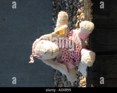 Molto Bassa immagine res coniglio giocattolo seduto sulla parete Foto Stock
