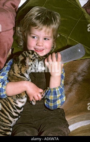 Megan Whittaker di 4 anni con cucciolo di tigre indiano allevato a mano (Panthera tigris tigris). Howletts Zoo Park, Kent, Regno Unito Foto Stock