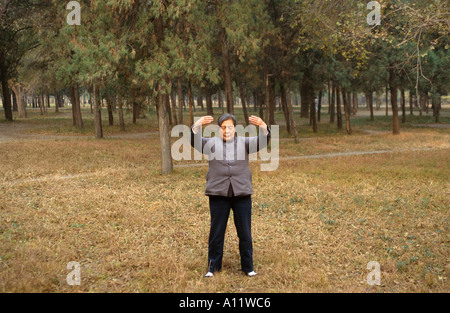 Donna anziana eseguendo il Tai Chi, Tiantan Park (Tempio del Paradiso), Pechino, Cina Foto Stock