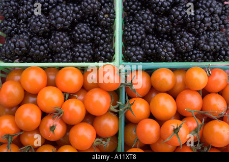 More e pomodori per la vendita in un mercato all'aperto sulla costa dell'Oregon. Foto Stock