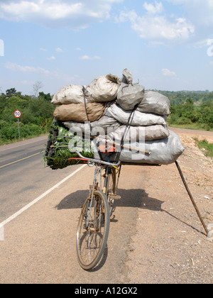 Una bicicletta caricata con carbone di legna in sacchi vicino Gayaza, Uganda Foto Stock