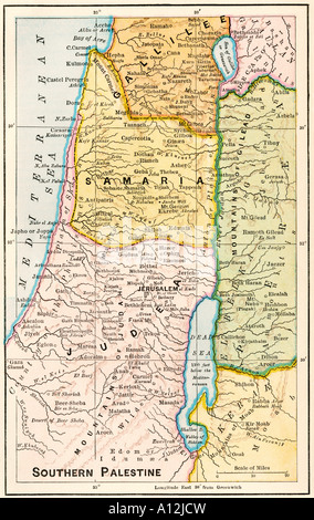 Mappa del sud della Palestina in tempi biblici. Litografia a colori Foto Stock