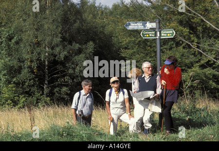 Walkers stop per controllare la mappa sul modo Cotswold vicino a Stroud in Gloucestershire Foto Stock