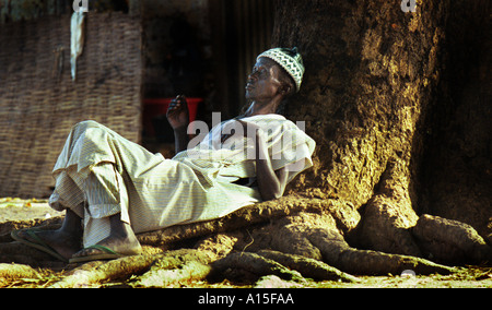 Un uomo dal villaggio di Dembel Jumpora nel paese africano e Dell'ovest della Guinea Bissau si rilassa sotto teh sahde di un albero di mango. Foto Stock