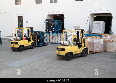 Lavoratori caricare la nave di crociera con i materiali di consumo con un carrello elevatore a forche in downtown Tampa Florida Foto Stock