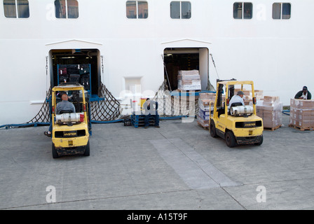Lavoratori caricare la nave di crociera con i materiali di consumo con un carrello elevatore a forche in downtown Tampa Florida Foto Stock