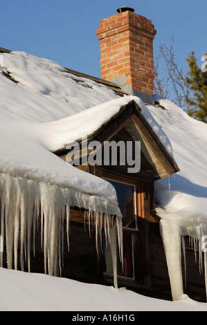 Grandi ghiaccioli appesi da gronde del tetto Foto Stock