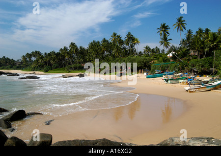 Spiaggia di Tangalla acqua di mare sabbia Palm Tree costa in barca Foto Stock