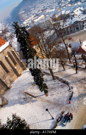 Una veduta aerea di Singisoara, Romania. Foto Stock