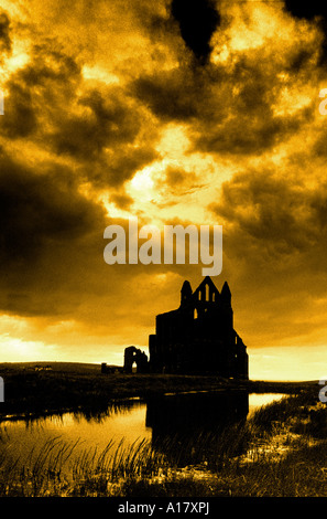 Whitby Abbey riflessa nello stagno e stagliano contro un cielo tempestoso Foto Stock