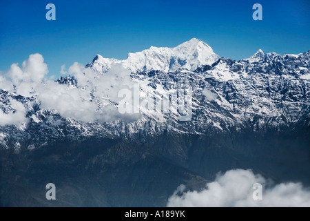 Vista aerea della catena Hannapurna dal Sud dal volo DrukAirways Delhi a Kathmandu Foto Stock