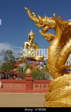 Statue di serpenti dorati con golden buddha in background, a Sop Ruak, Triangolo d Oro, dal fiume Mekong, Thailandia Foto Stock