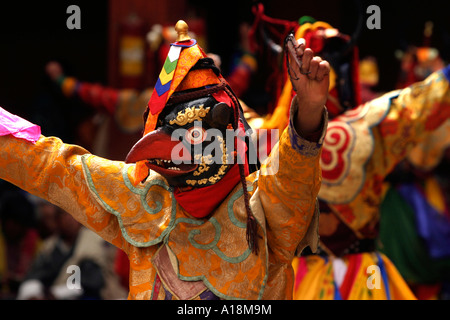 Il Bhutan Paro Tsechu Festival di Danza di 8 tipi di spiriti Degye uccello ballerino mascherato Foto Stock