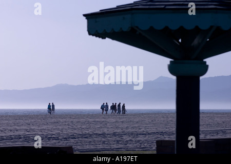 Le figure distanti a piedi attraverso Venice Beach in California con la nebbia a laminazione. Foto Stock