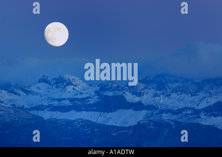 Panorama delle Alpi durante la luna piena, la Svizzera centrale, Svitto, Svizzera Foto Stock