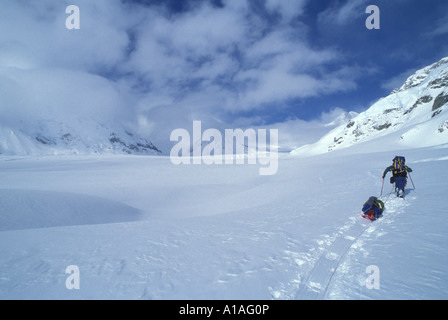 Stati Uniti d'America Alaska Denali National Park signor gli alpinisti con le racchette da neve con pacchi pesanti fino Kahiltna Glacier sul Monte McKinley West contrafforte Foto Stock