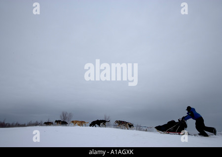 Stati Uniti d'America Alaska Unalakleet Musher e dog racing team attraverso colline di avvicinamento del mare di Bering litorale durante 2005 Iditarod gara Foto Stock