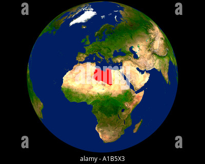 Immagine satellitare della terra che mostra la Libia evidenziato in rosso Foto Stock