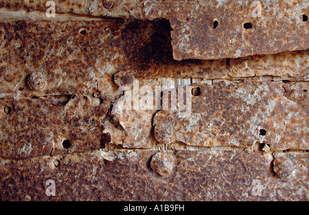 Primo piano di una porta metallica arrugginita Foto Stock