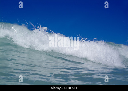 Onde: Onde schiantate onde schiumose che si infrangono nelle acque blu dell'oceano. Foto Stock