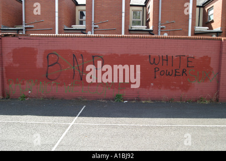 Razzista e anti razzista graffitti rosso sul muro di mattoni a Belfast Irlanda del Nord Foto Stock