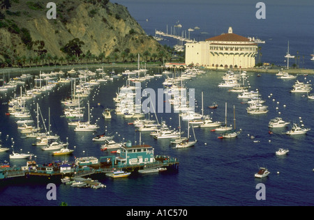 Imbarcazioni da diporto il riempimento del porto con il Casinò posteriore nella città di Avalon isola Catalina California Foto Stock
