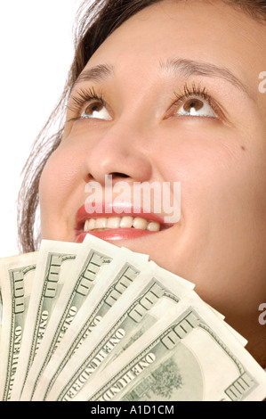 Felice Excited donna con centinaia di fatture del dollaro Foto Stock