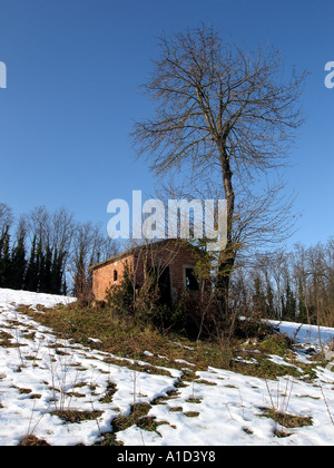 Casa abbandonata nel mezzo di un campo di neve Foto Stock